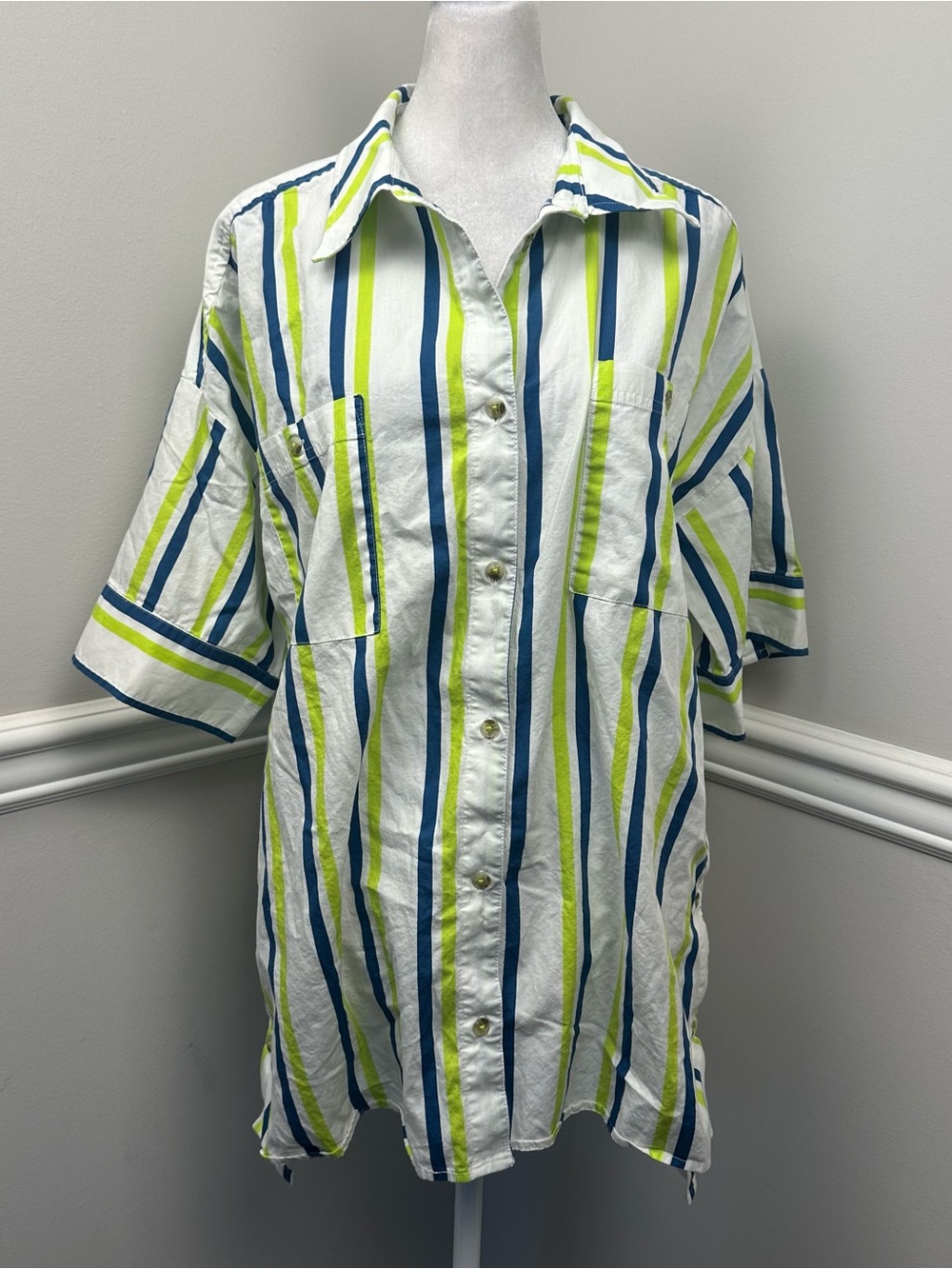 Anthropologie White Button-Front Shirt with Blue & Lime Stripes S